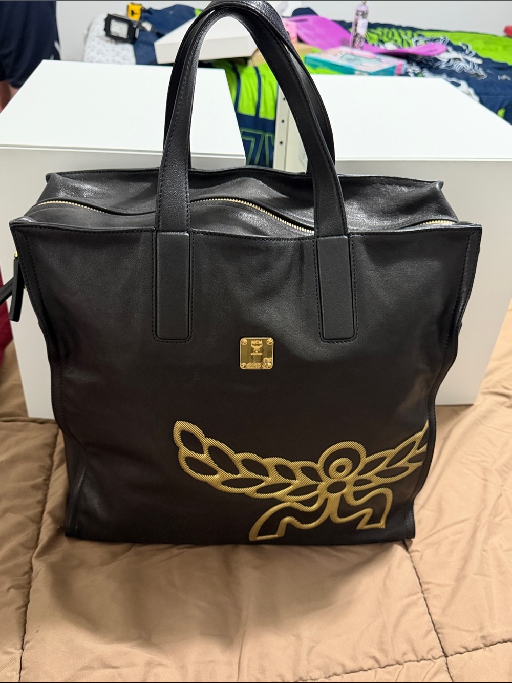 MCM Black Leather Tote with Gold Aren Logo Accent